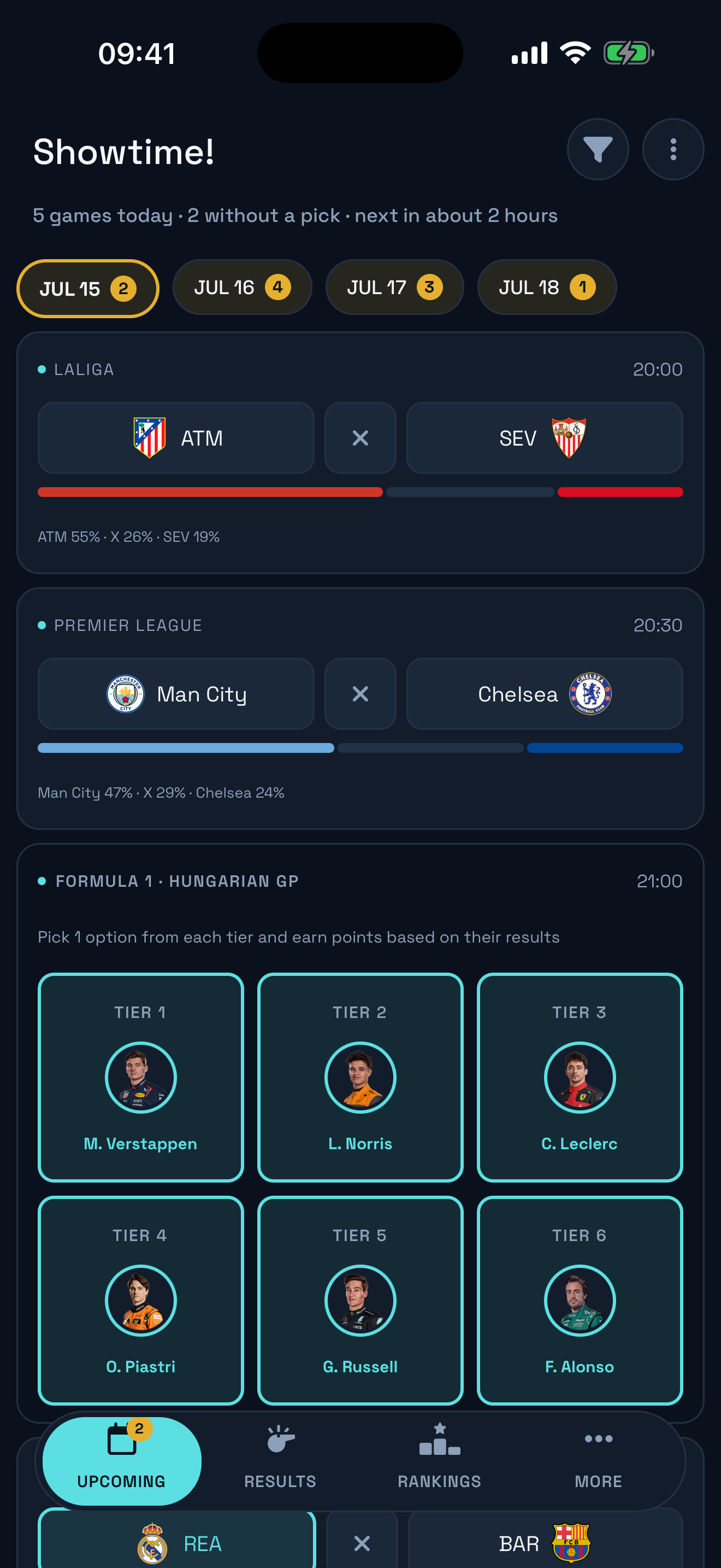Ballkie Upcoming screen showing today's games and saved picks