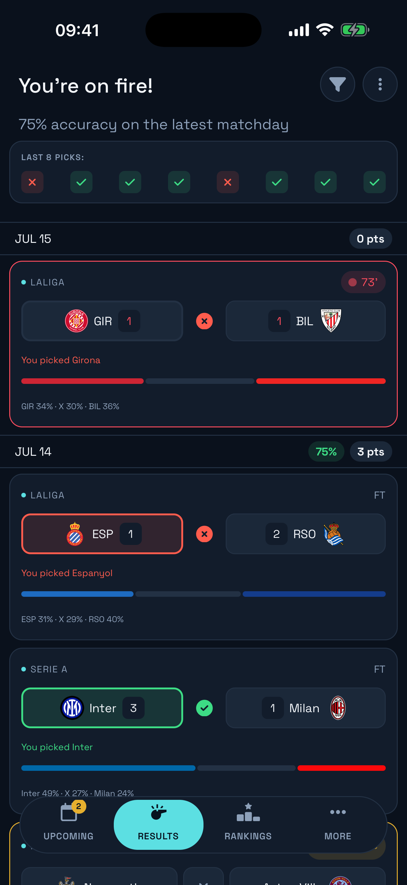 Ballkie Results screen showing completed games, picks and points